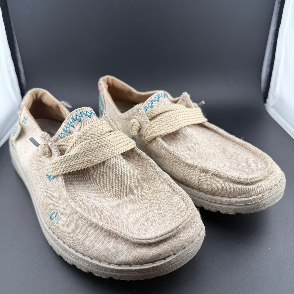 Hey Dude Wendy Flora Sunflower Beige Embroidered Canvas Loafers Womens 6